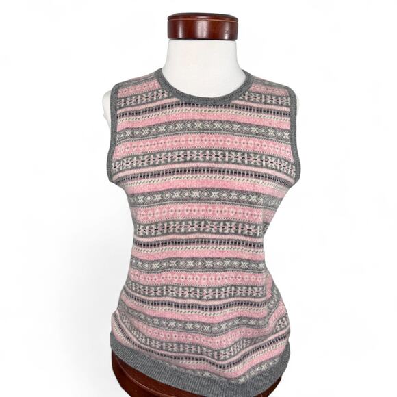 Vintage Laura Ashley Wool Sweater Tank Vest M Fair Isle Knit 90s Italy Pink Gray - Picture 1 of 7